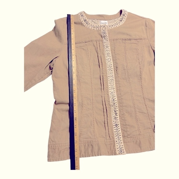 CHICO’S  Jacket Khaki with stitching details and Embellished Snap Front Size 2 - Picture 12 of 13